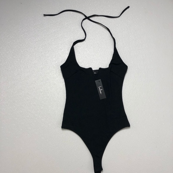 Lulus Ready or Notch Black Halter Bodysuit plunge Neckline stretchy knit body XS - Picture 3 of 11